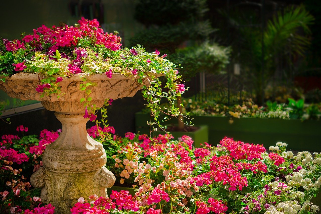ogród kwiatowy fontanna